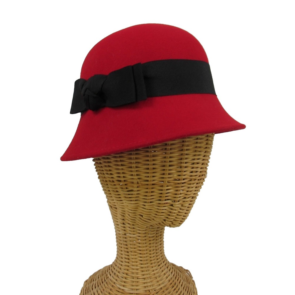 VTG Amanda Smith Red Wool Felt Cloche Hat Black Band Bow Made in Italy